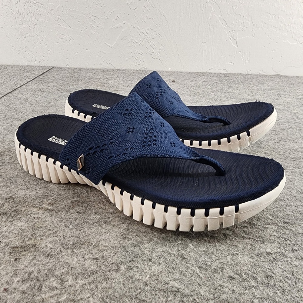 Skechers Navy Blue Knit Goga Mat Thong Flip Flop Sandals Womens 10